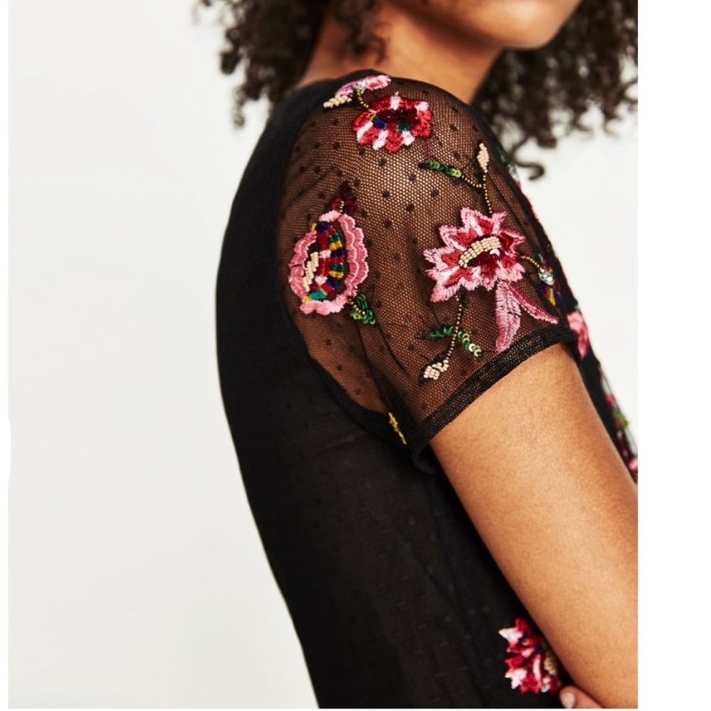 Zara Black Tulle Top Embroidery NWOT - Picture 3 of 5